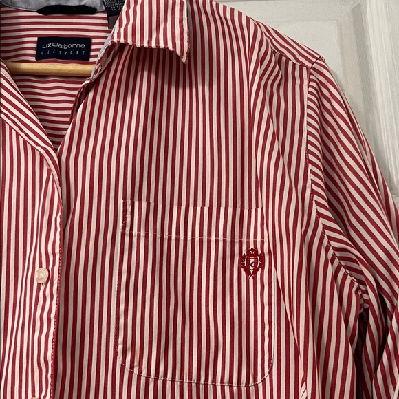 Liz Claiborne Red and White Striped Button-Down Shirt - Picture 2 of 4